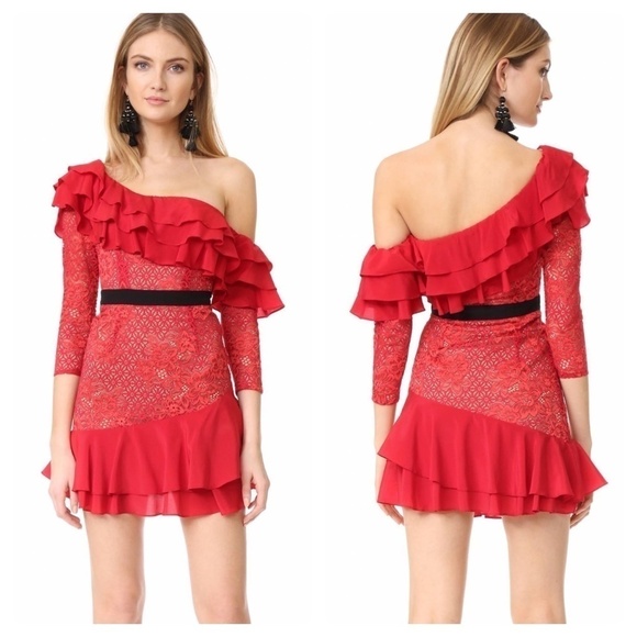 For Love & Lemons Red Lace Chianti Off Shoulder Ruffle Dress SZ S - Picture 1 of 7